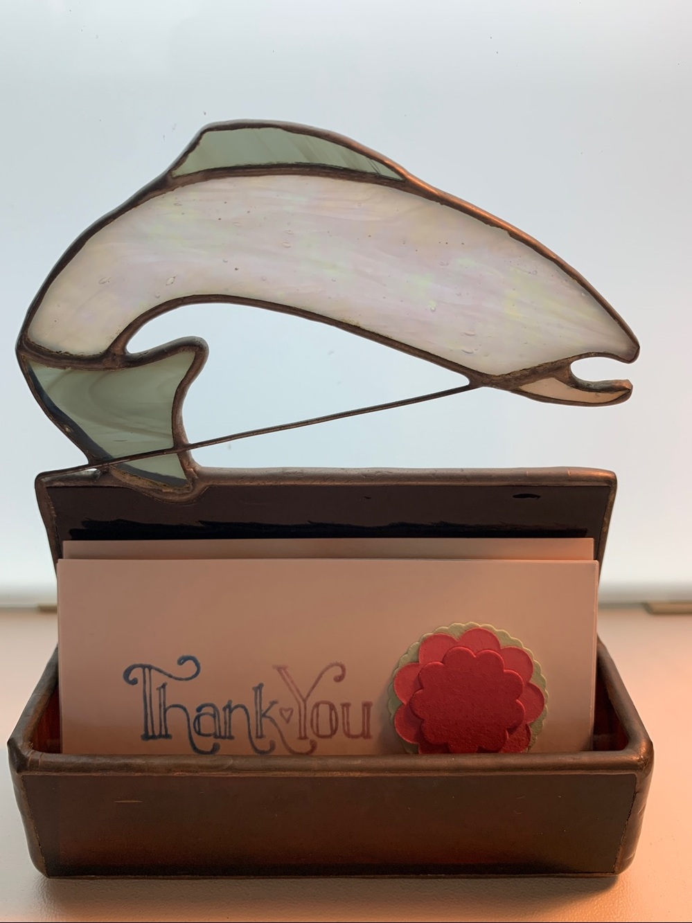 “Going Fishing” Stained Glass Business Card Holder✨Vintage Glass✨Handmade 1990